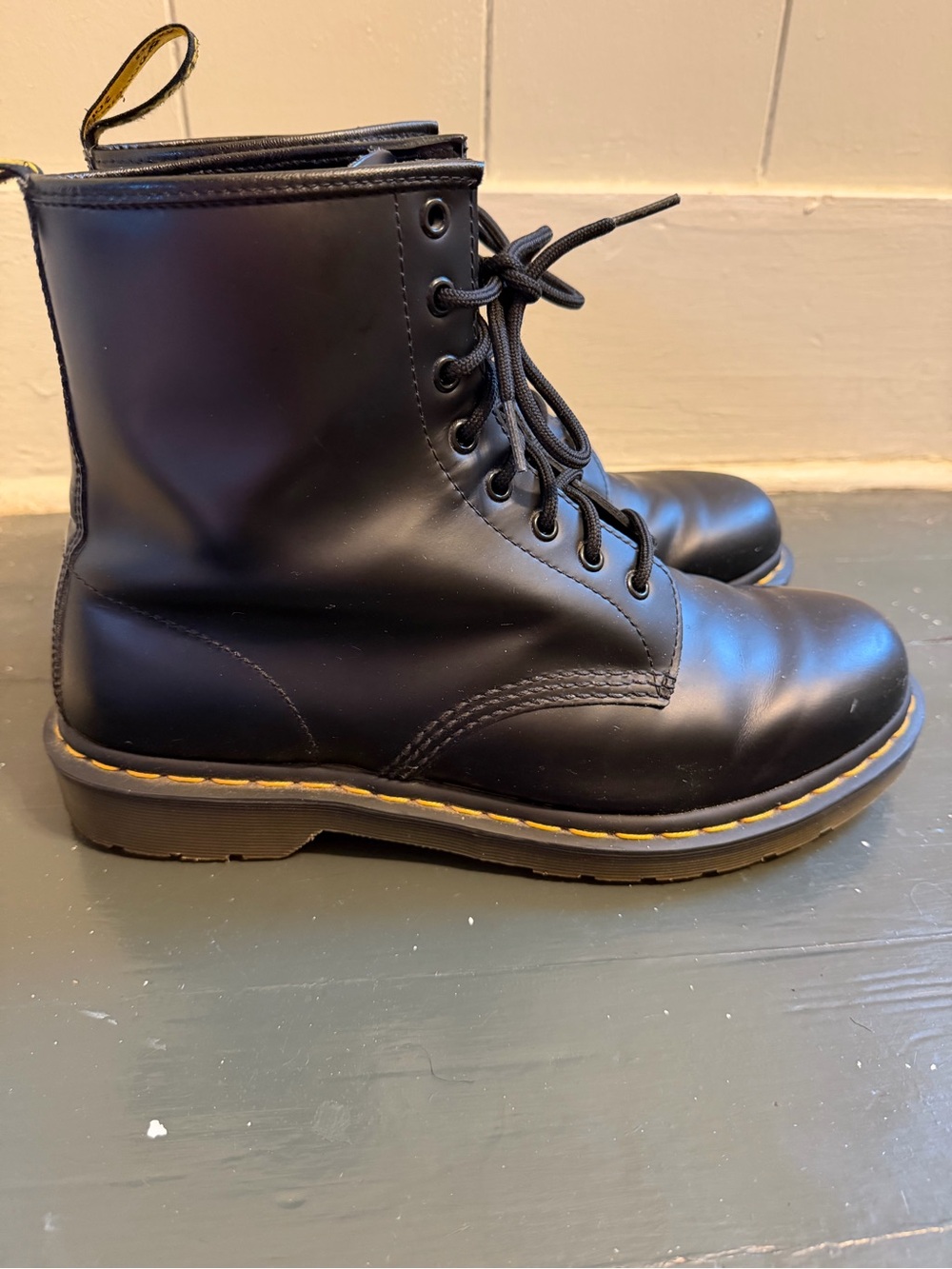 Dr. Martens Black Leather Lace-Up Ankle Boots with Yellow Stitching